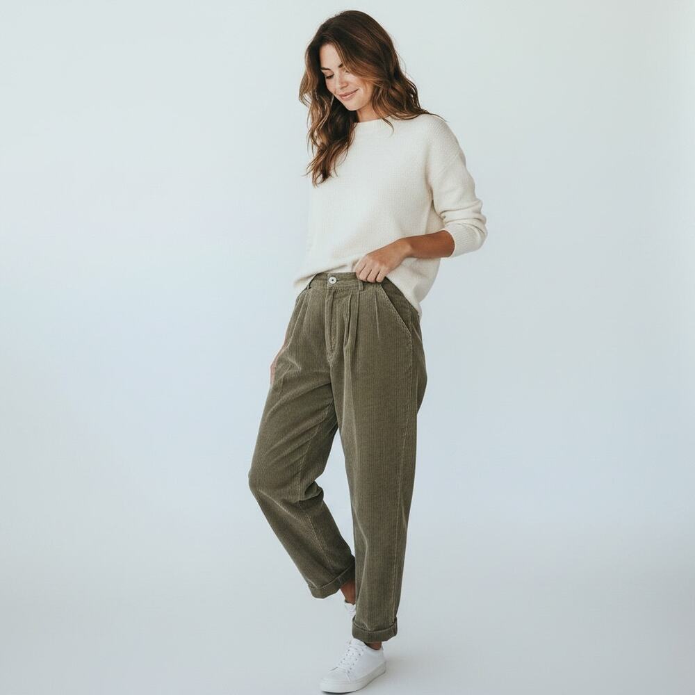 LIZ CLAIBORN Army Green Wide Wale Corduroy High Rise Trouser Pants 14 Old Money